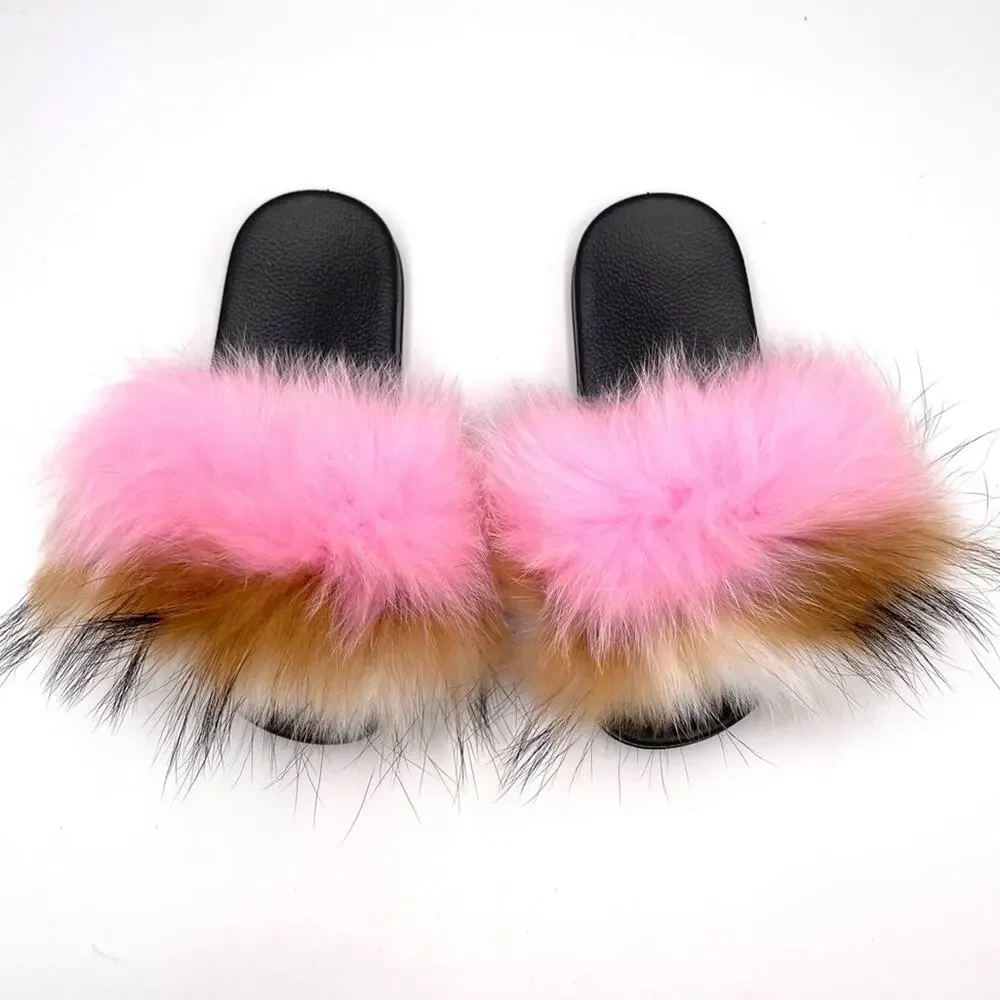 NEW - Fox Fur Slides for Women - Girls Comfort Open Toe Fur Slippers Outdoor